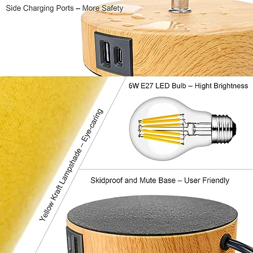 Wondlumi Bedside Lamps Set of 2, Modern Table Lamp with Type C & USB A Charging Ports, 3 Way Dimmable Table Light with Yellow Kraft Lampshade for