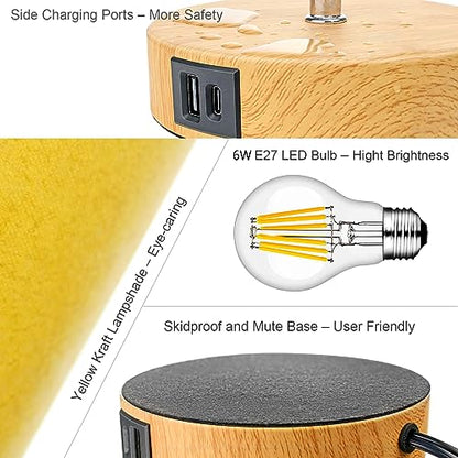 Wondlumi Bedside Lamps Set of 2, Modern Table Lamp with Type C & USB A Charging Ports, 3 Way Dimmable Table Light with Yellow Kraft Lampshade for