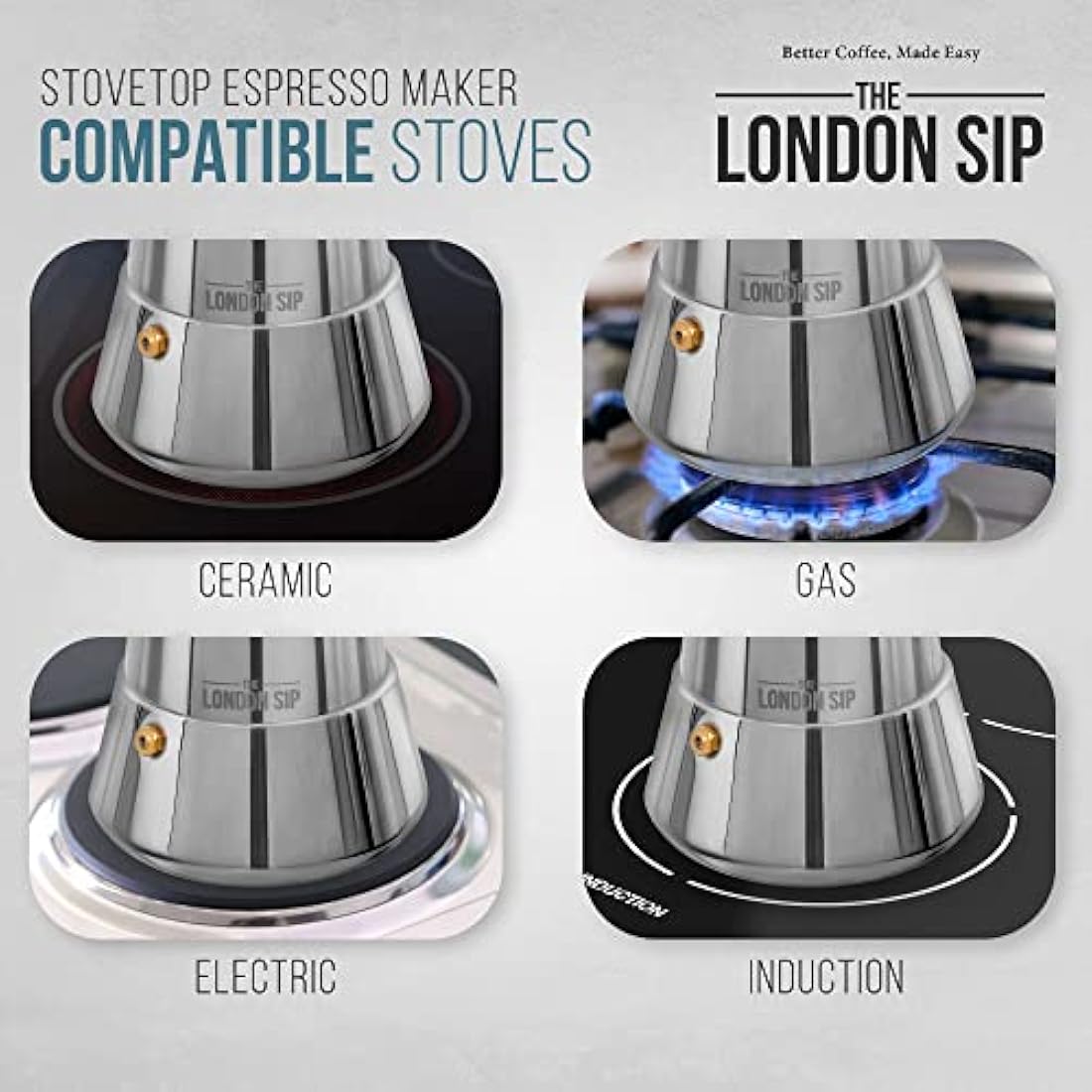 The London Sip Stainless Steel Induction Stovetop Espresso Maker - Make Cafe Quality Italian Style Coffee at Home with This Premium Moka Pot in Modern Chrome Company. (Silver, 3 Cup)