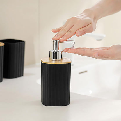Hosoncovy Bathroom Accessory Set of 4 with Soap Pump Dispenser, Toothbrush Cup, Soap Dish ，Toothbrush and Toothpaste Holder (Black B)