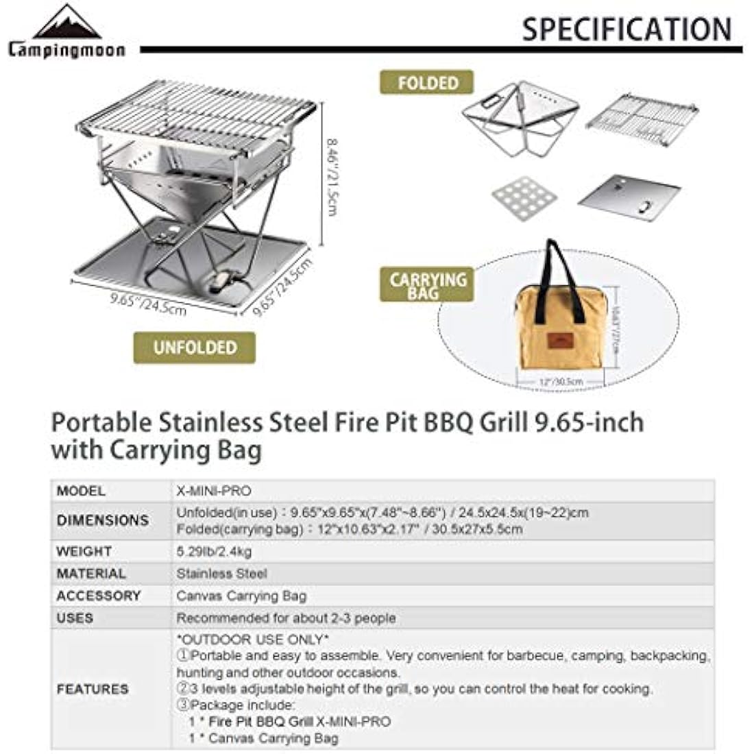 Campingmoon Tabletop Small Charcoal Grill Mini Portable Fire Pit 24.5 cm Stainless Steel with Carry Bag X-MINI-PRO