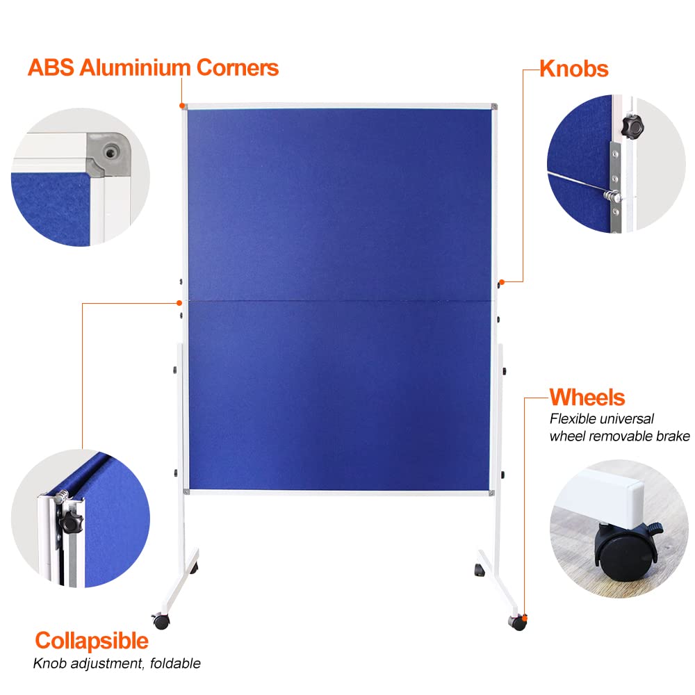 XIWODE Foldable Mobile Room Divider, Double Sided Blue Fabric Bulletin Push Pin Board Rolling with Stand, 150 x 120 cm
