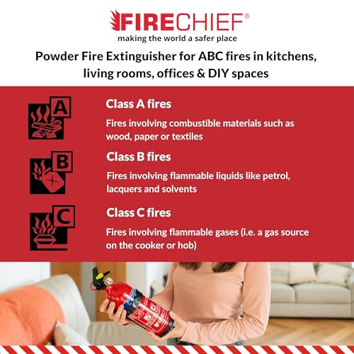 Multi Purpose Powder Fire Extinguisher – Ready to Use in Seconds – 1kg ABC Fire Extinguisher for Home & Kitchen Use – 5 Year Guarantee – Firechief Travel Extinguisher for Cars, Campervans & Caravans
