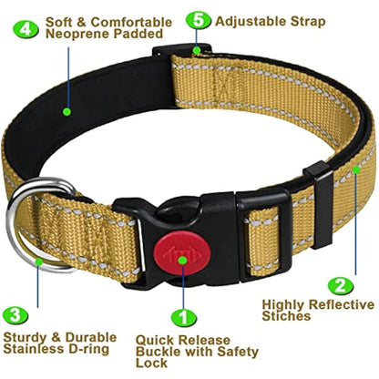ATETEO Dog Collar, Reflective Adjustable Basic Dog Collar with Soft Neoprene Padding, Durable Nylon Pet Collars for Puppy Large Dogs
