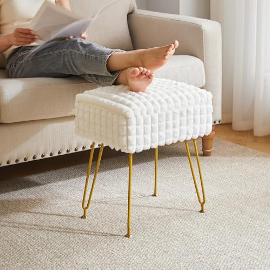 IBUYKE Rectangle Vanity Chair with Storage Space, Footrest Footstool Ottoman, Vanity Stool, Dressing Table Chair, with Anti-Slip Feet, for Makeup Room, Bedroom, Square grid pattern, White WBD004W