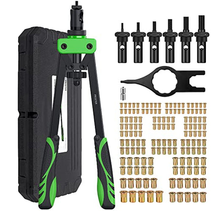 Proster Rivet Nut Tool 14" Heavy Duty Hand Rivet Nut Gun with 6pcs Metric Mandrels 150 PCS M3 M4 M5 M6 M8 M10 Nut Riveter Nut Thread Setter Kit with Storage Box Green