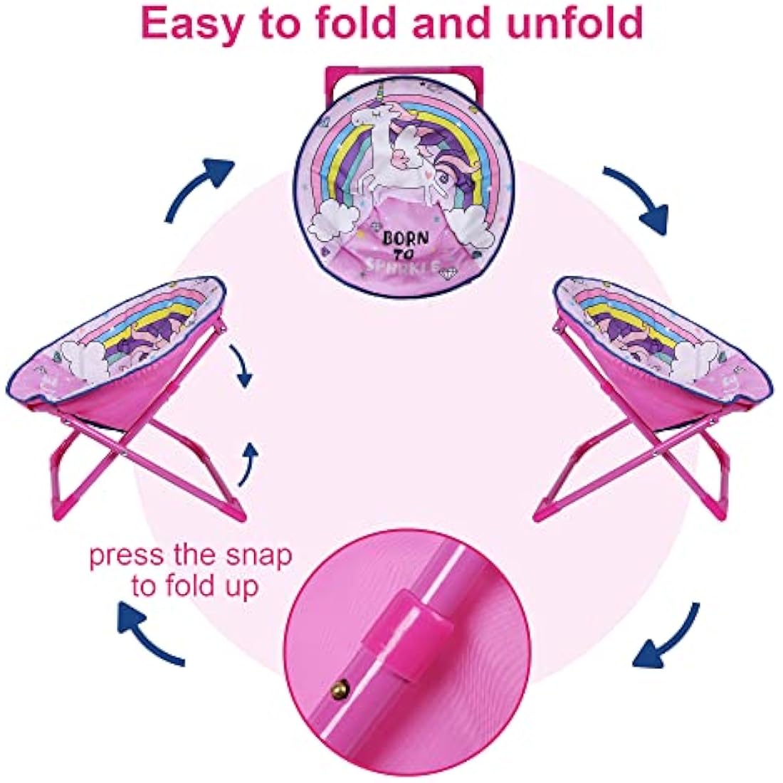 Outplea Rainbow Unicorn Kids Suacer Chair - Toddler Cartoon Moon Foldable Camping Chair for Patio, Beach, Picnic