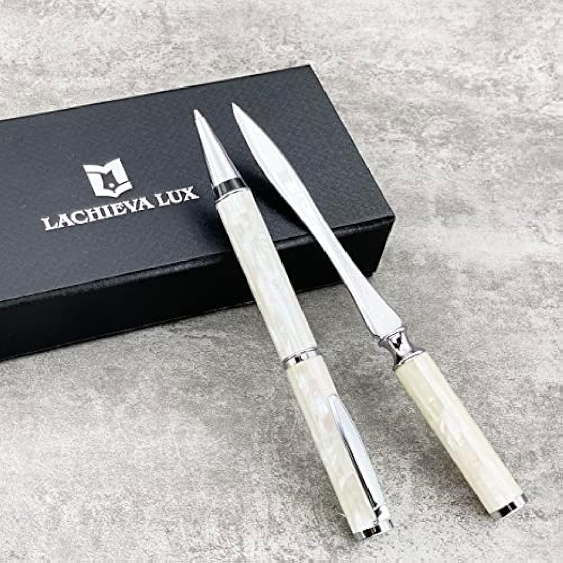 LACHIEVA LUX Luxury Mother of Pearl Ballpoint Pen & Letter Opener Set, Unique Gift for Men & Women, Great for Christmas and Special Occasions