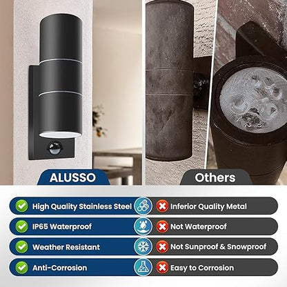 ALUSSO Motion Sensor Outdoor Wall Lights IP65, Stainless Steel Up Down Lights 3000K/4000K/6000K Selectable, 2x 8W GU10 Bulb Included,Outside Security Lights Mains Powered Sconce Wall Mounted for Porch