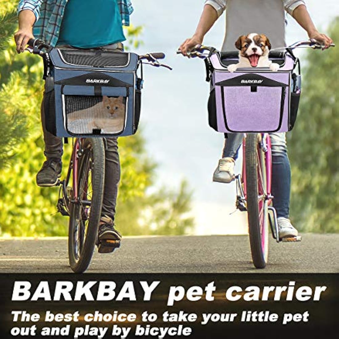 BARKBAY Dog Bike Basket Carrier, Expandable Foldable Soft-Sided Dog Carrier, 2 Open Doors, 5 Reflective Tapes, Pet Travel Bag, Safe and Easy for Small Medium Cats and Dogs (Purple)