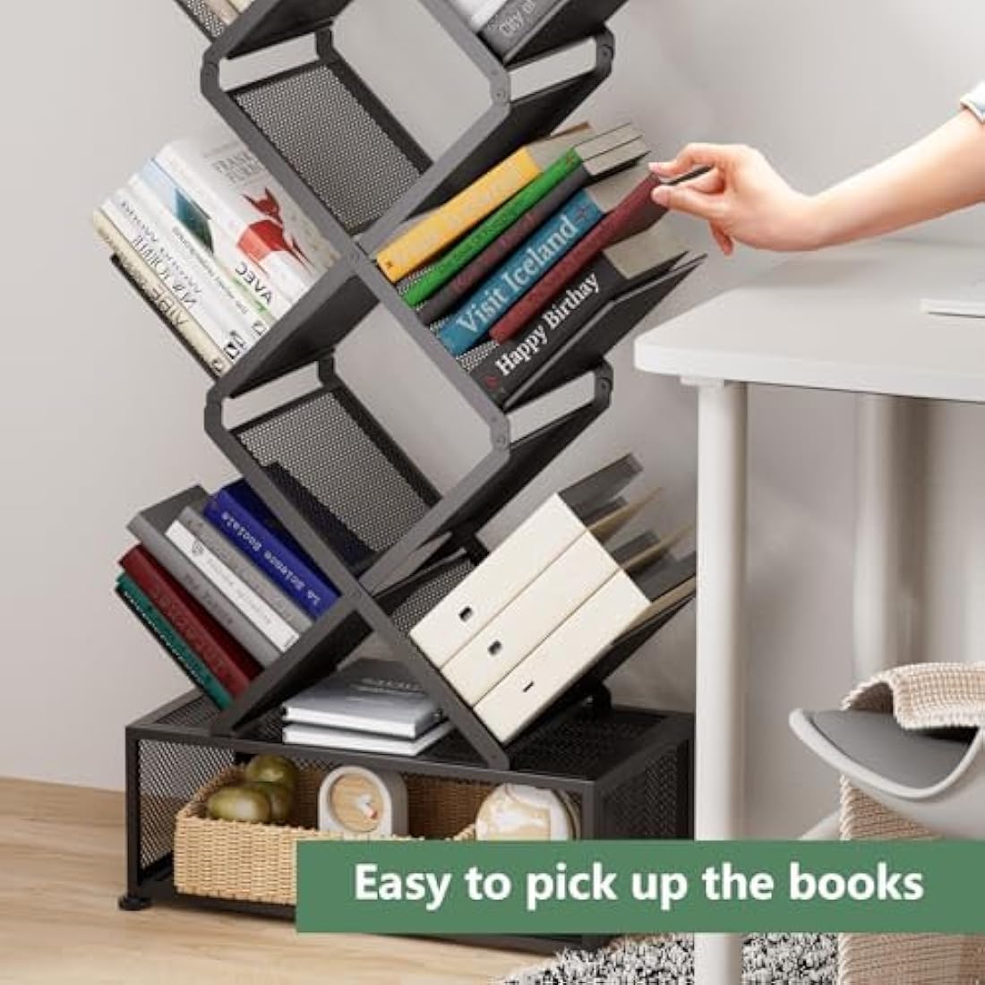 Gintan 9-Tier Space Saving Bookshelf with Storage,Bedroom Shelves Folding Bookshelves,No Installation Required Corner Shelf Tree Bookcase for Living Room,Study,Home Office,Bed Room (Black)