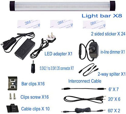AlBOO Under Cabinet Kitchen Lights Wired LED Daylight White 6000K Dimmable 8 Pack,28cm Under Cupboard Kitchen Lights 24V Plug in with Mains,Ultra Thin Under Couter Light Display Lighting for Cabinet