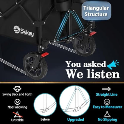 Sekey 200L Folding Festival Trolley with All-Terrain Wheels and Brake, Heavy-Duty Cart Loadable up to 150KG (330LB), Patented Four-Directional Foldable Design, Wagon for Beach Camping Garden, Black