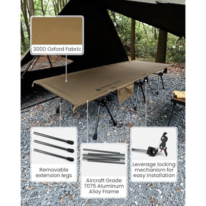 OneTigris SUPRANUBIS Camping Cot with Extending Legs, Load Capacity 150kg, Lightweight Portable Comfortable Folding Bed for Camping, Hiking, Travel, Truck, Beach, Office Nap