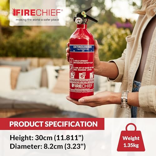 Multi Purpose Powder Fire Extinguisher – Ready to Use in Seconds – 1kg ABC Fire Extinguisher for Home & Kitchen Use – 5 Year Guarantee – Firechief Travel Extinguisher for Cars, Campervans & Caravans