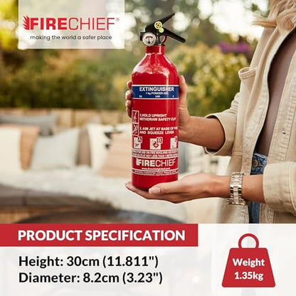Multi Purpose Powder Fire Extinguisher – Ready to Use in Seconds – 1kg ABC Fire Extinguisher for Home & Kitchen Use – 5 Year Guarantee – Firechief Travel Extinguisher for Cars, Campervans & Caravans