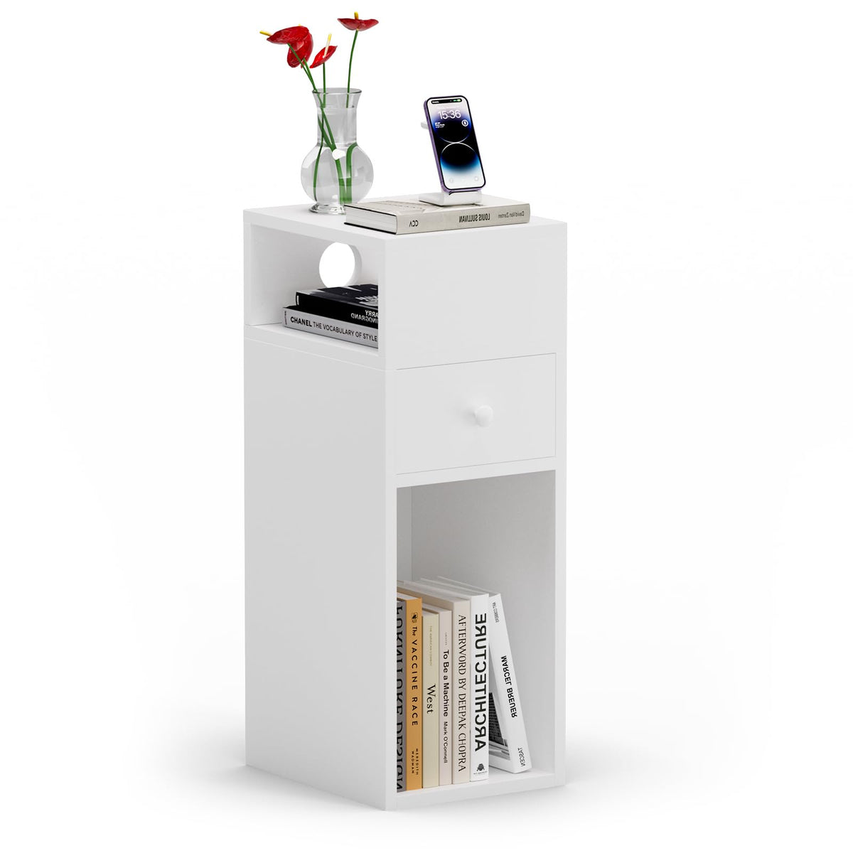 VOUNOT® Slim Bedside Table, Narrow Wood Bedside Cabinet with Drawer and Open Shelf, Small Bedside Unit, Thin Nightstand for Bedroom, Living Room