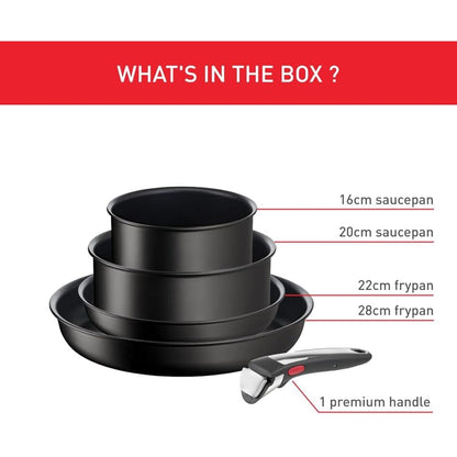 Tefal Ingenio Unlimited ON 5 Piece Non-Stick Induction Pan Set, 22&28 cm Frying Pans, 16&20 cm Saucepans, 1 Bakelite Removable Handle, Easy Cleaning, Heat Indicator, Black, L3959543