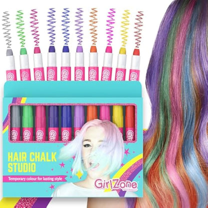 GirlZone Hair Chalks Set, 10-Piece Temporary Chalk Pens Kit, Easy to Apply and Remove Girls Hair Colour for Kids Dress Up Parties and Role Play, Gift-Ready Kids Hair Dye and Toys for Girls