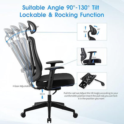 Magic Life Ergonomic Office Chair, Adjustable Home Desk Chair,Adjustable Lumbar Support with Thickened Cushion,3D Headrest & Comfortable Armrest Computer Chair
