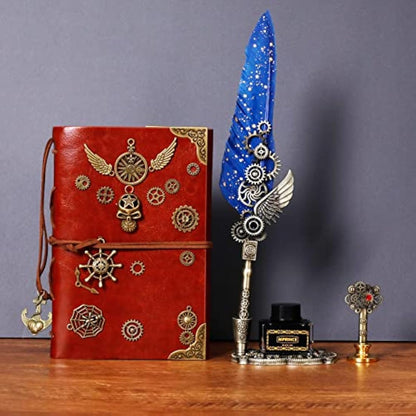 MPRINCE Quill Pen Ink Set Leather notebook With Quill Pen,Notebook,5 Replaceable Nibs,Seal Stamp,Spoon,Wax Beads,White Wax,Ink,Pen Holder,Cup,Envelope,Letter Paper(blue)