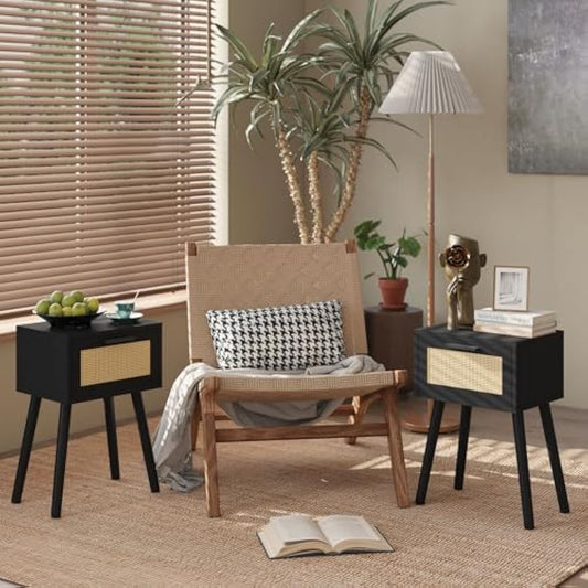 YMYNY Nightstand Set of 2, End Table, Small Bedside Table, Handmade Rattan Decorated Drawer, Solid Wood Legs, 35×27×53cm, Modern Side Table for Bedroom, Living Room, Black HST010B-2