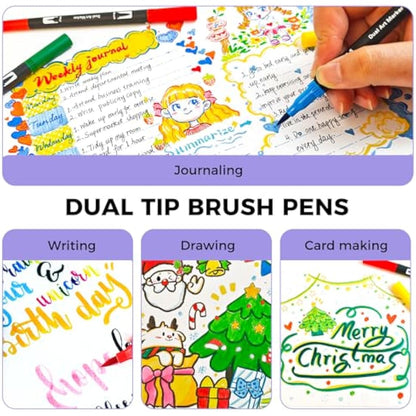 Artecho 24 Dual Tip Brush Pens，Colouring Pens brush pens for Adult，Colouring Books，Calligraphy，Drawing，Sketching, nylon tip for Artists，Beginners