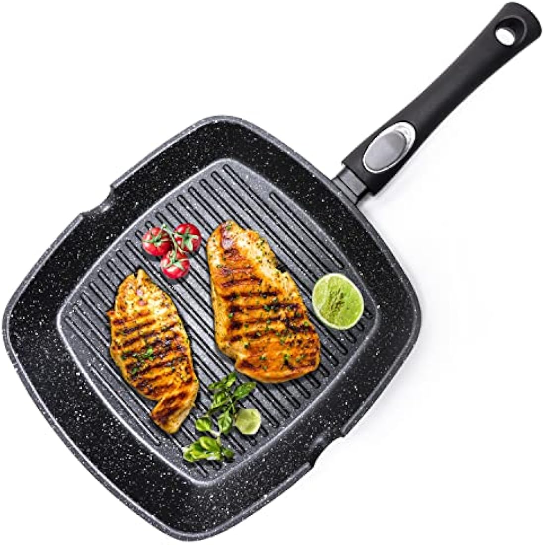 Chef Wonderful Non-Stick Griddle Pan for Induction Hob. Aluminium Steak Pan (28cm) Non-Stick Marble Coating & Detachable Handle. Induction Grill for All Hobs. Suitable for Gas & Oven Grilling.