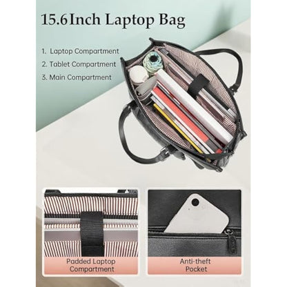 MATEIN Laptop Bags for Women with Insulated Leakproof Lunch Compartment, 15.6 Inch PU Leather Briefcase, Laptop Tote Work Bag with an Adjustable Handle, Designer handbag for School, Office, Black