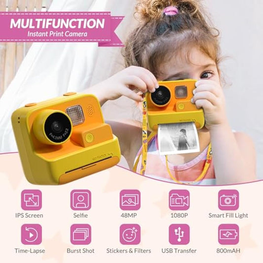 Mafiti Kids Camera Instant Print 2.0 Inch 1080P HD Screen, Kids Digital Camera 48MP for Girls Boys Gifts with 32GB SD Card, 3 Rolls of Printing Paper, 6 Colored Pens