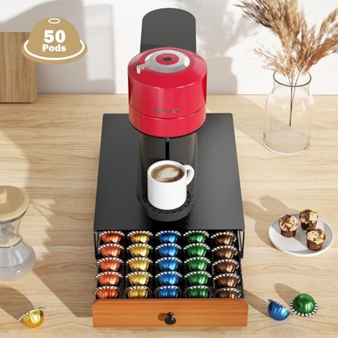 Metal Coffee Pod Holder for 50 Nespresso Vertuo Capsules Pods & 50 Dolce Gusto Pods, HFHOME Nespresso Vertuoline Capsule Drawer Organiser Coffee Machine Stand