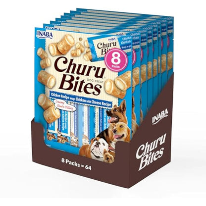 Churu Bites by INABA Dog Treat - Chicken & Cheese Flavour 8 Pack (64 x 12g total) / Crispy Pouches with Creamy Filling, Delicious & Healthy Snack for Dogs, Training Treat, Natural, Grain Free