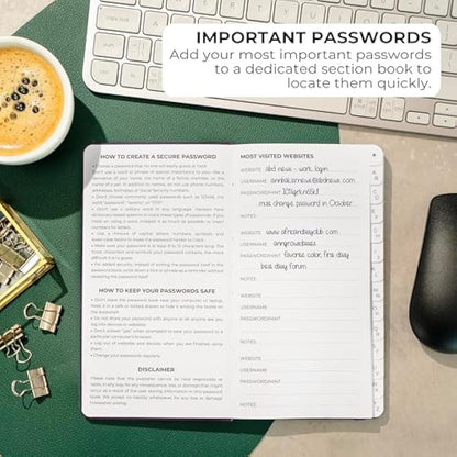 Clever Fox Password Book 2nd Edition – Hardcover Password Keeper with Laminated Alphabetical Tabs – Internet Address Notebook & Login Details Organizer Journal – 10.4x19.3cm (Purple)