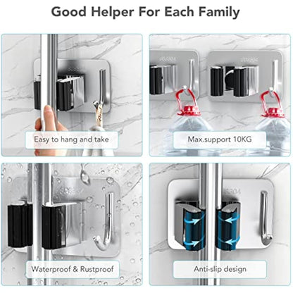 homeasy Mop Broom Holder, 4 Pcs Stainless Steel Self Adhesive Mop Holder Wall Mounted with Hooks Hanger Self-Adhesive Broom Holder (Siver Mix)