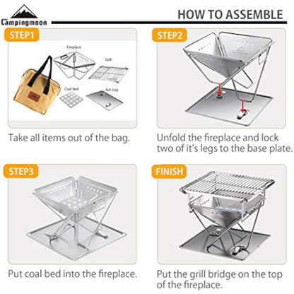Campingmoon Tabletop Small Charcoal Grill Mini Portable Fire Pit 24.5 cm Stainless Steel with Carry Bag X-MINI-PRO