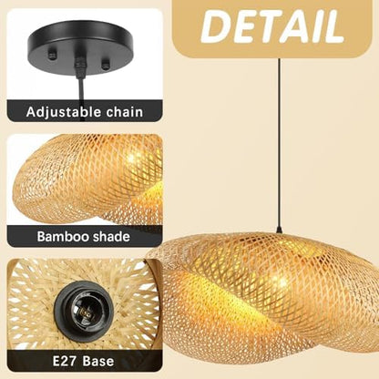 Schindora Pendant Light Retro,Hat Bamboo Lampshade 40Cm Weaving Pendant Light Fixtures E27 Creativity Pendant Lighting Ceiling for Dining Room Living Room Restaurant,Light Straw