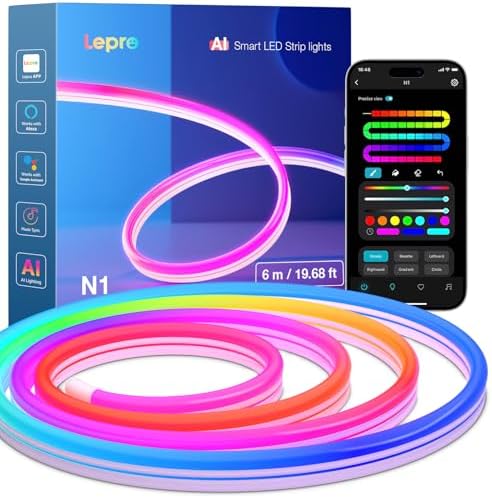 Lepro N1 AI Smart Rainbow Neon Light Strip 6M, 96 LEDs/M, Work with Alexa, Google Home, Music Sync, AI Lighting Design Assistant, IP65 Rope Light, MagicColor LED Light, App & Voice Control, No Remote