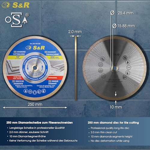 S&R Diamond Saw Blade 250 * 25,4 * 7 mm (1,6 mm), cutting disc for porcelain, fine stoneware, hard tiles, granite