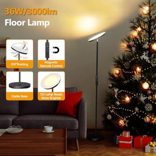 LED Uplighter Floor Lamp Living Room - 2700K-6500K Color Temperature, Modern Floor Lamp with Remote Control & Touch Control (Jet Black‌)