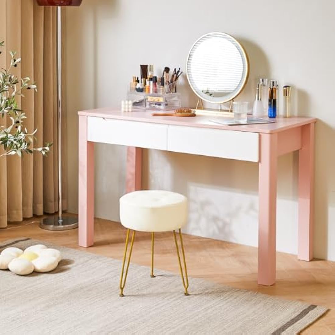 IBUYKE Faux Leather Round Footrest Stool, Makeup Vanity Stool Side Table, PU Dressing Table Seat, Pouf Couch Stool, Golden Steel Legs, White L/G-31W