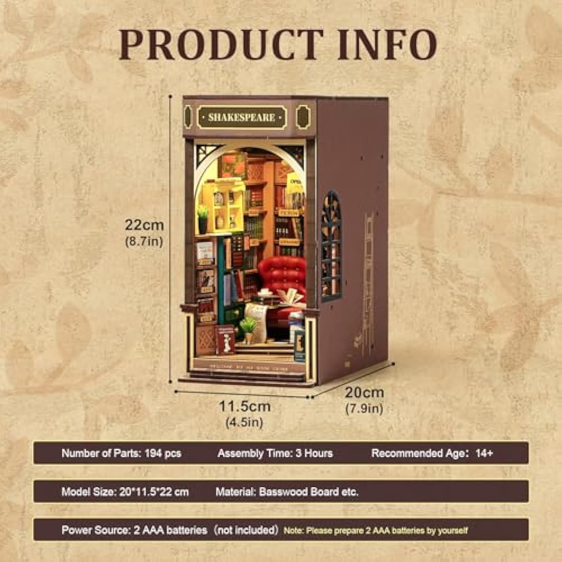 ROBOTIME Book Nook Kit for Adults with LED Lights, Bookstore Booknook 3D Wooden Puzzle, DIY Miniature Dolls House Kit, Book Shelf Decoration Christmas Birthday Gift for Adults Kids