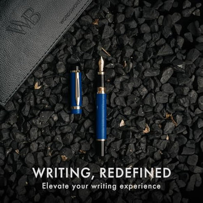 Wordsworth & Black Primori Fountain Pen Set [Blue Gold]; Fine Nib, Gift Case, 24 Ink Cartridges, Refill Converter, Instructions; Journalkeeping, Calligraphy, Fluid Writing