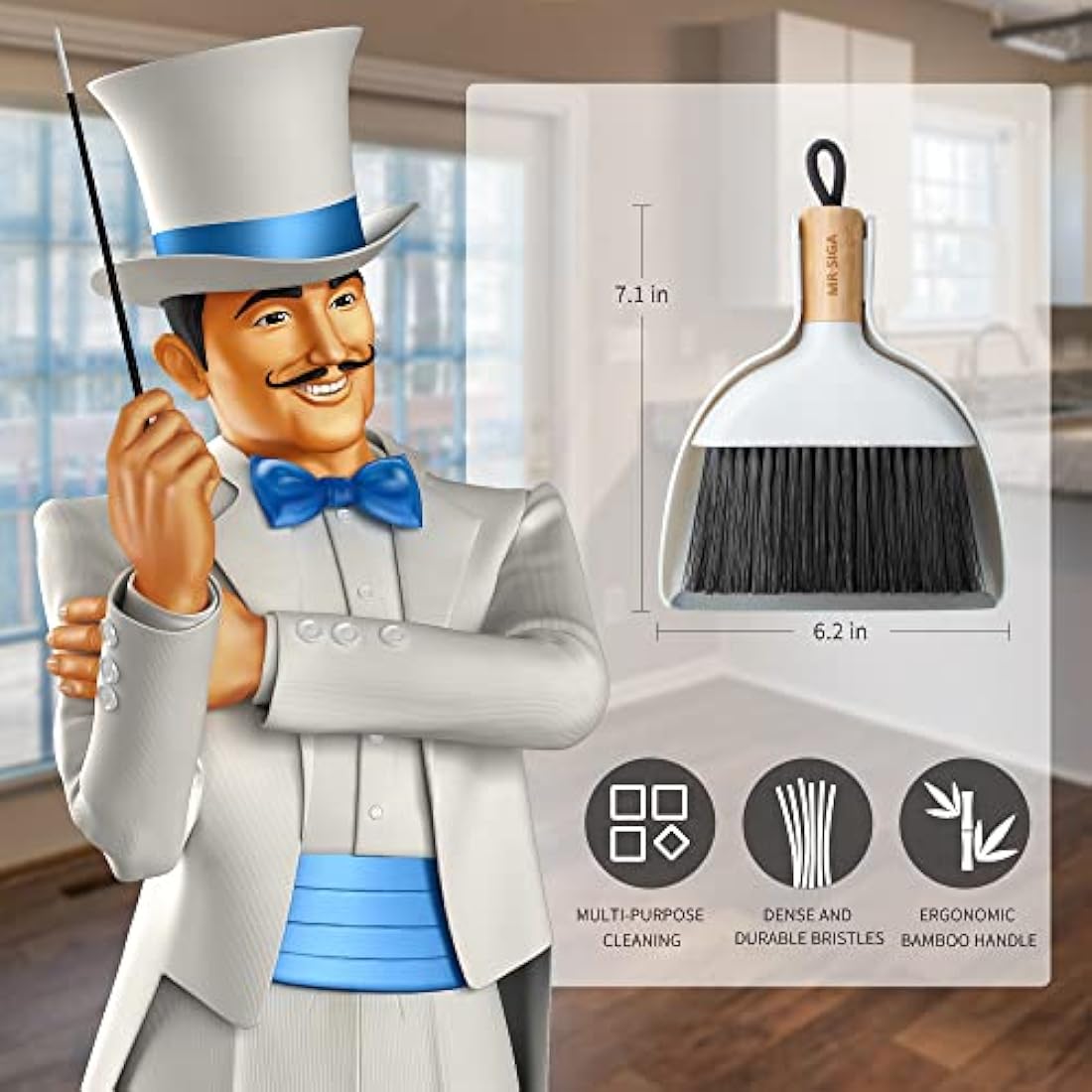 MR.SIGA Mini Dustpan and Brush Set, Portable Cleaning Brush and Dustpan Combo with Bamboo Handle, 1 Set