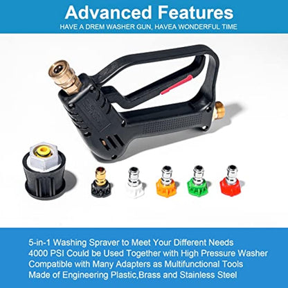 YUET High Pressure Washer Gun Handle with 5 Water Nozzle Tips,Water Wash Cleaner for Car Cleaning Kit(M22 14MM Fitting Hose Connector & 1/4" Karcher Kärcher Quick Connector) Power Wand 4350 PSI
