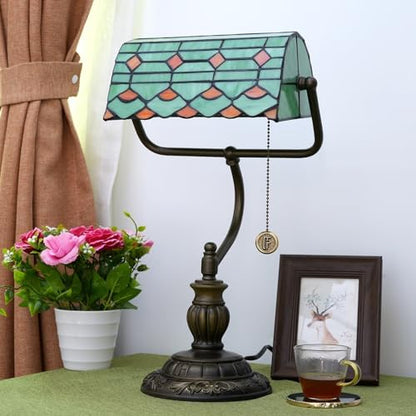 Blivuself Tiffany Style Green Banker Desk Lamp Red Stained Glass Lamps Vintage Bedroom Bedside Study Zipper Pull Chain Retro Office Adjustable Nightstand Aesthetic Antique Accent Reading Desk Light
