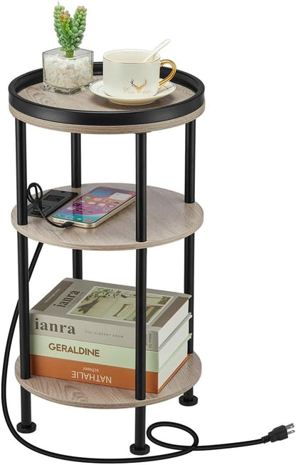 YEAKOO Nordic End Table, 3-Tier 30cm Round Side Table with Storage Shelf Edge Protection Tray