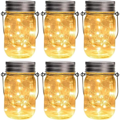 GIGALUMI Hanging Solar Mason Jar Lights, 6 Pack 30 Led Lanterns. Great Outdoor Decor for Patio Garden, Yard and Lawn, Warm White