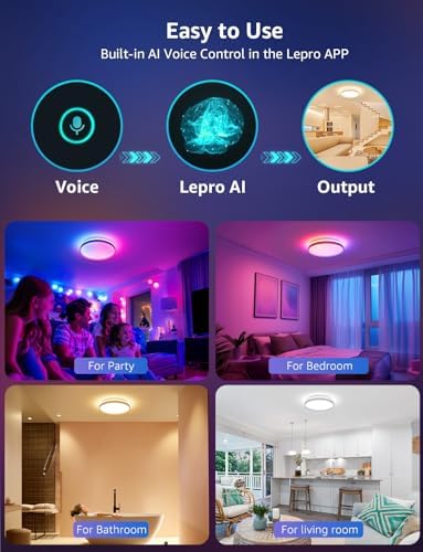 Lepro T1 AI Smart Ceiling Light 24W, Music Sync, Voice Control, AI Lighting Design Assistant, Waterproof Bathroom Light, DIY by Zone, Bluetooth&WiFi, Color Changing, Work with Alexa, Google Home, 29CM