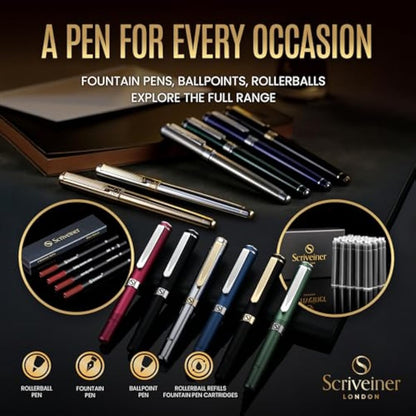 Scriveiner Silver Chrome Fountain Pen - Stunning Luxury Pen, Real Gold Plating, Schmidt Gilded Nib (Extra Fine), Best Pen Gift Set for Men & Women Professional Executive Office Nice Designer Pen