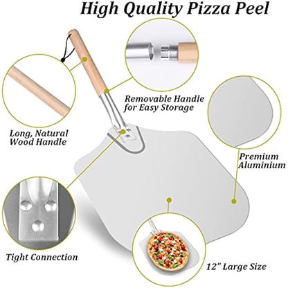 Sinbury Pizza Peel Tools Set, 5 PCS Pizza Making Tool Kit, Including 12 Inch Pizza Paddle, Rocker Cutter, Spatula, Cutter, Food Clip,